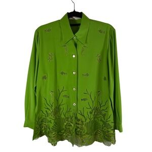 Angelica Milano Italy Green Sea Life Embroidered Cut Out‎ Button Down Blouse
